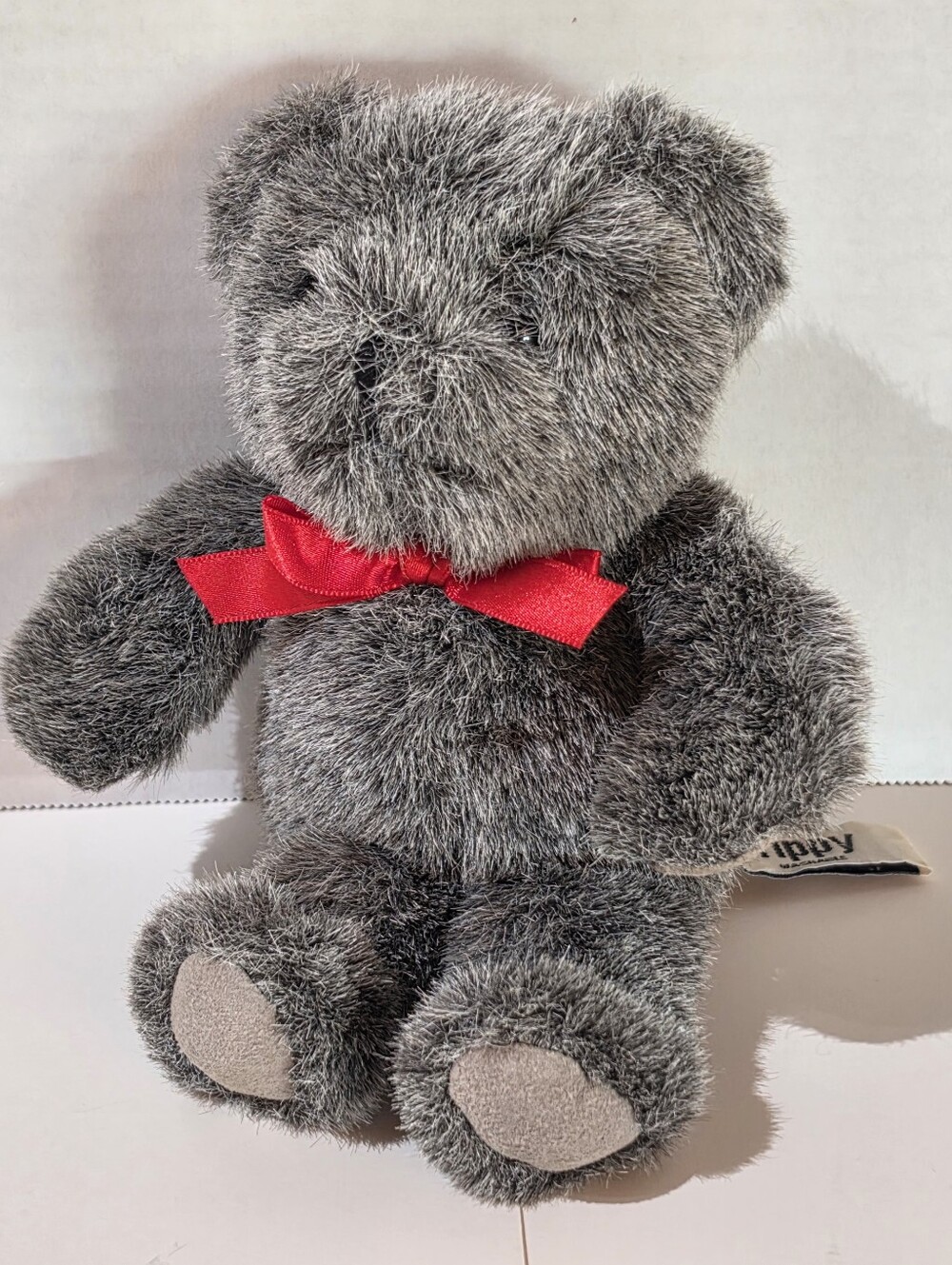 Russ Berrie Gray Tippy Teddy Bear Plush Red Neck Ribbon